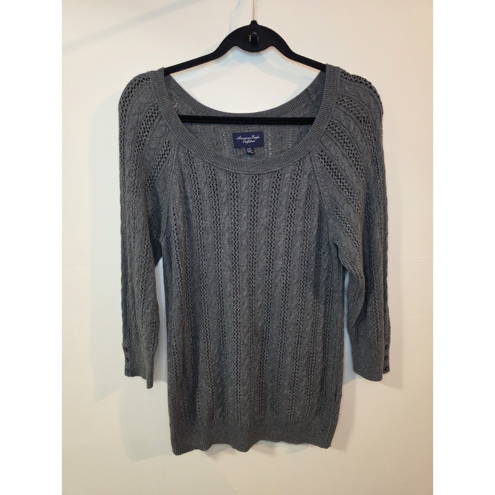 American Eagle Gray Cable Knit Crewneck Sweater Women's XL Preppy Elena Gilbert